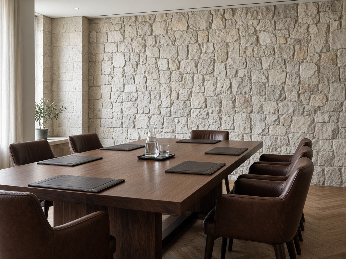 Conference room with a Jerusalem stone wall and walnut table