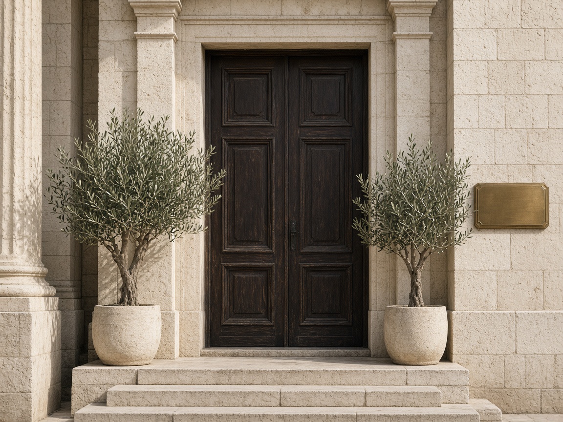 Wooden double door with potted olive trees at a stone entrance