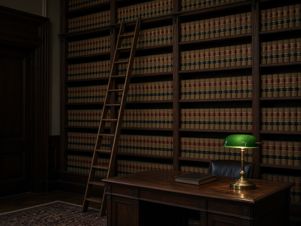 Law library with bound volumes and a reading lamp